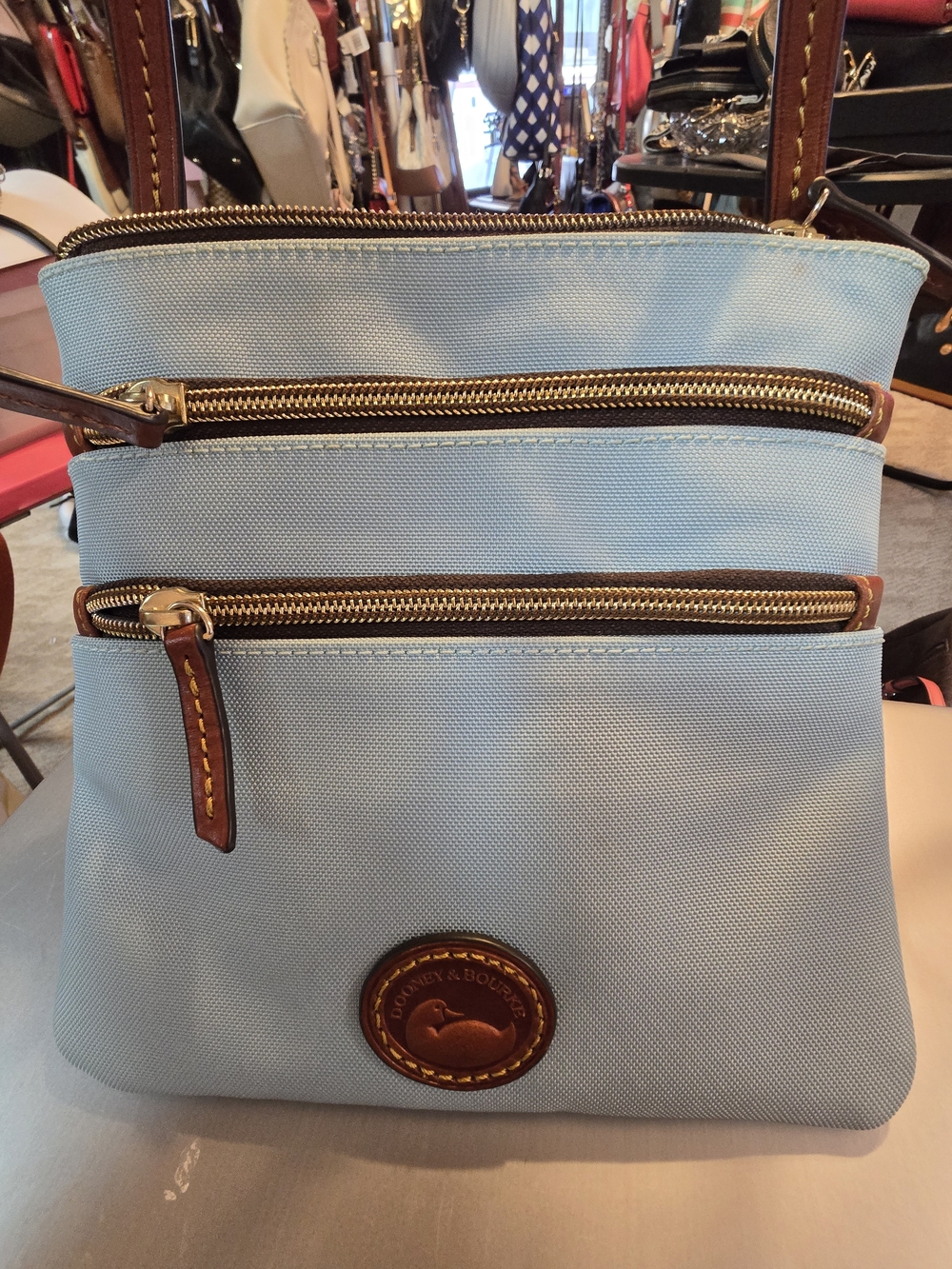 Dooney & Bourke Light Teal Blue Triple-Zip Crossbody Bag w/ Brown Leather Accent